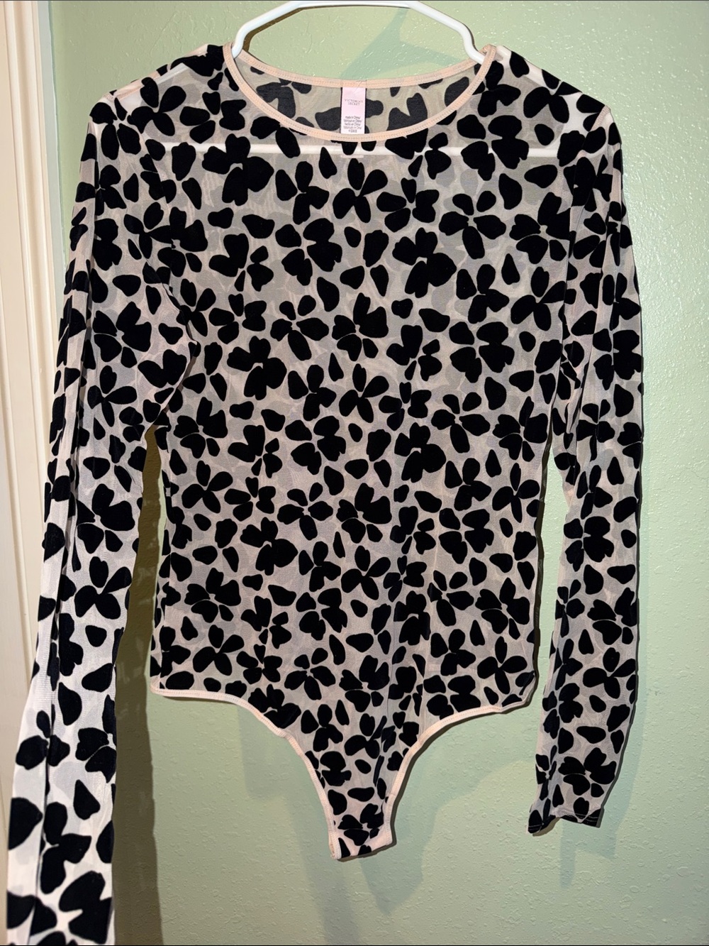 Victoria's Secret Black Floral Velvet-Print Long Sleeve Bodysuit on Cream❤️